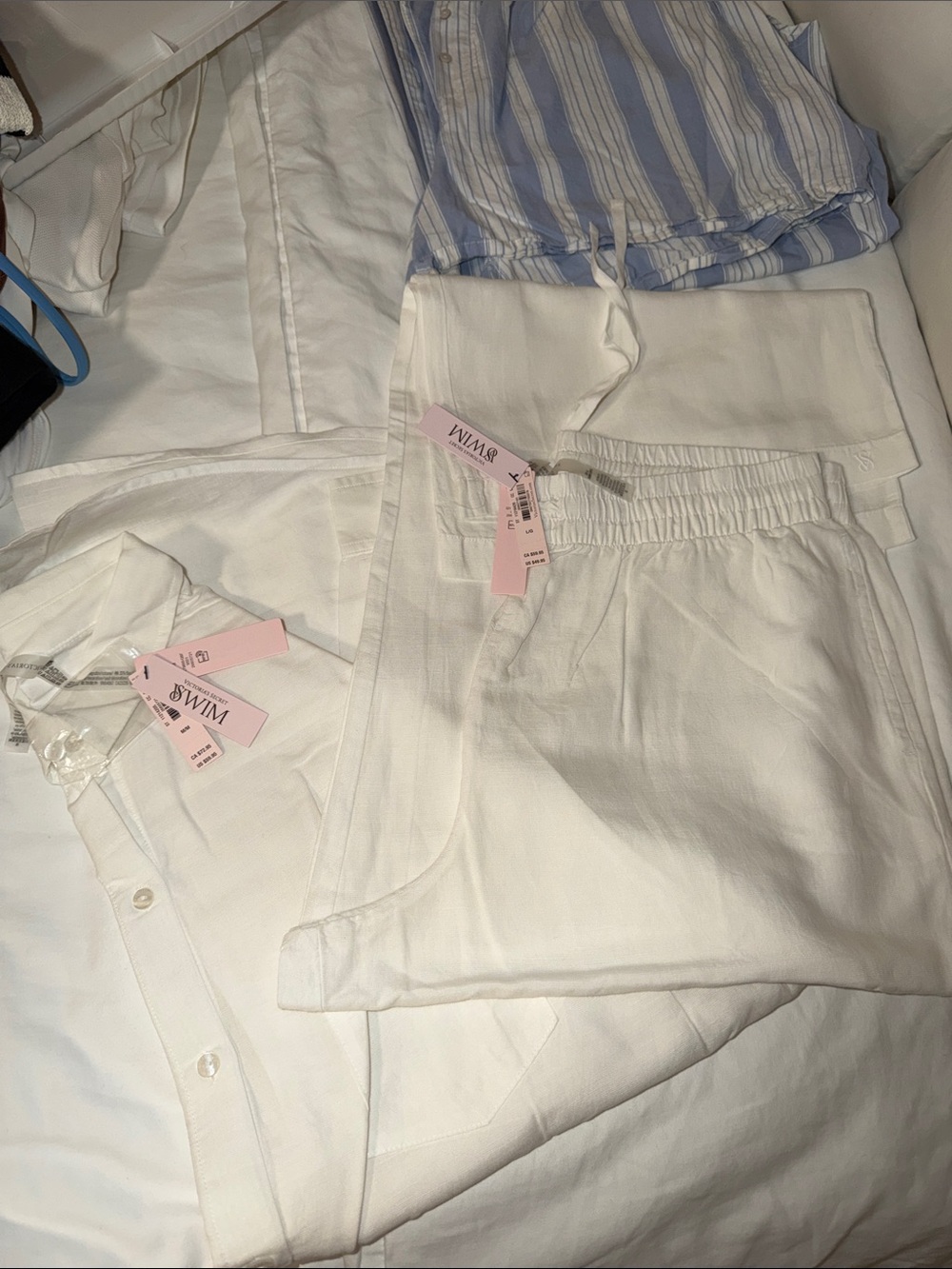 White Womens Elastic Waist Linen-Blend Bottoms and top